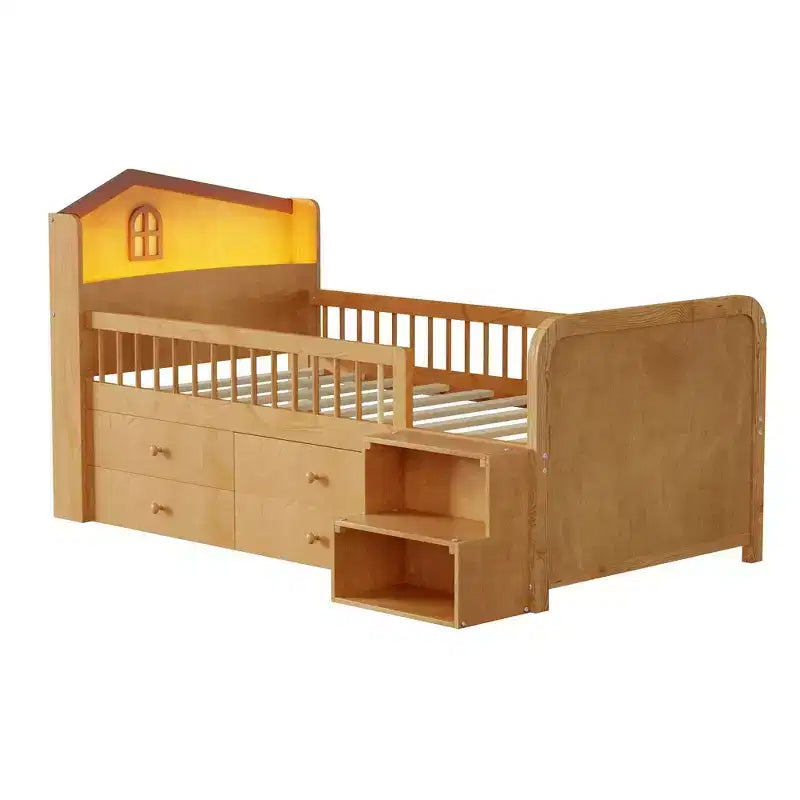 Lit mezzanine bas jumeau avec lumières LED, tête de lit en forme de maison et tiroirs de rangement, construction solide