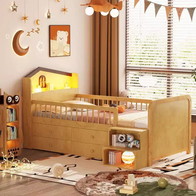 Whisen Low Twin Loft Bed with LED Lights, House Shape Headboard & Storage Drawers, Solid Construction