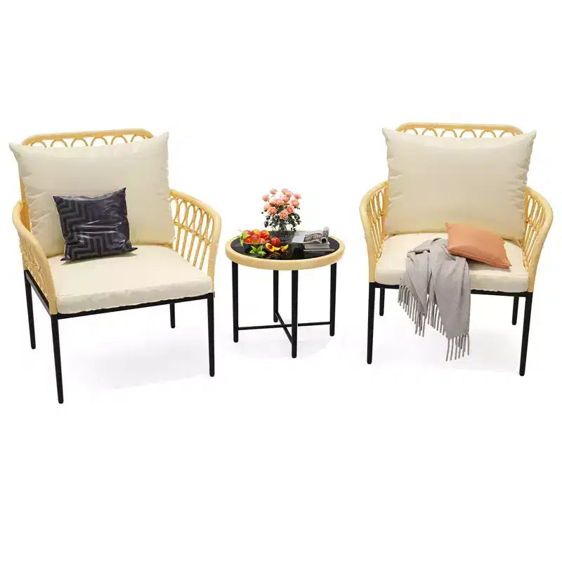 COZONY 3-Piece Patio Furniture Set with Glass Table, Rattan Outdoor Bistro Chairs with Cushions for Balcony Garden Porch