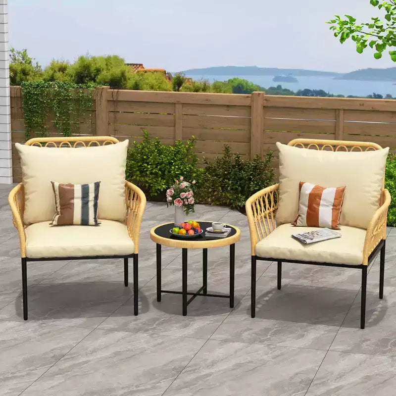 COZONY 3-Piece Patio Furniture Set with Glass Table, Rattan Outdoor Bistro Chairs with Cushions for Balcony Garden Porch