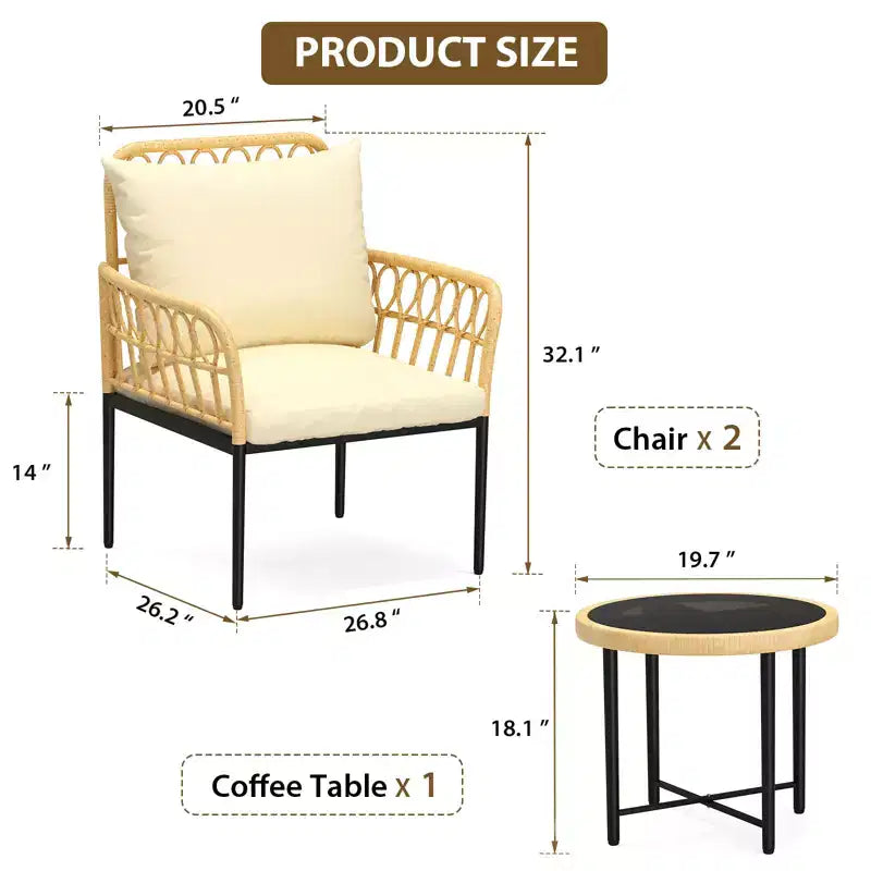 COZONY 3-Piece Patio Furniture Set with Glass Table, Rattan Outdoor Bistro Chairs with Cushions for Balcony Garden Porch
