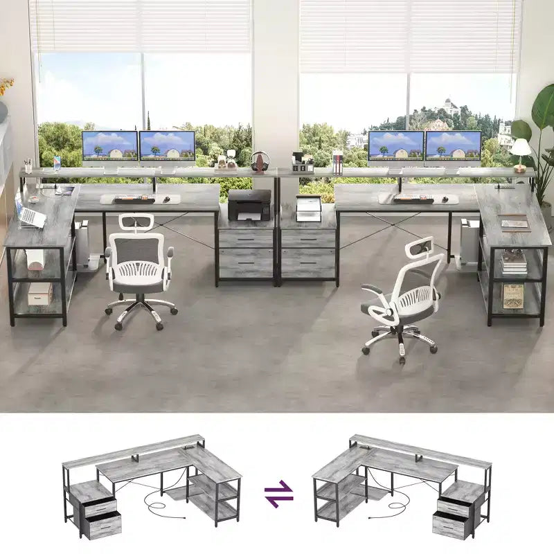 Besiost 66-73 Reversible L-Shaped Desk with Charging Station, Home Office Computer Desk with LED Lights & Drawers