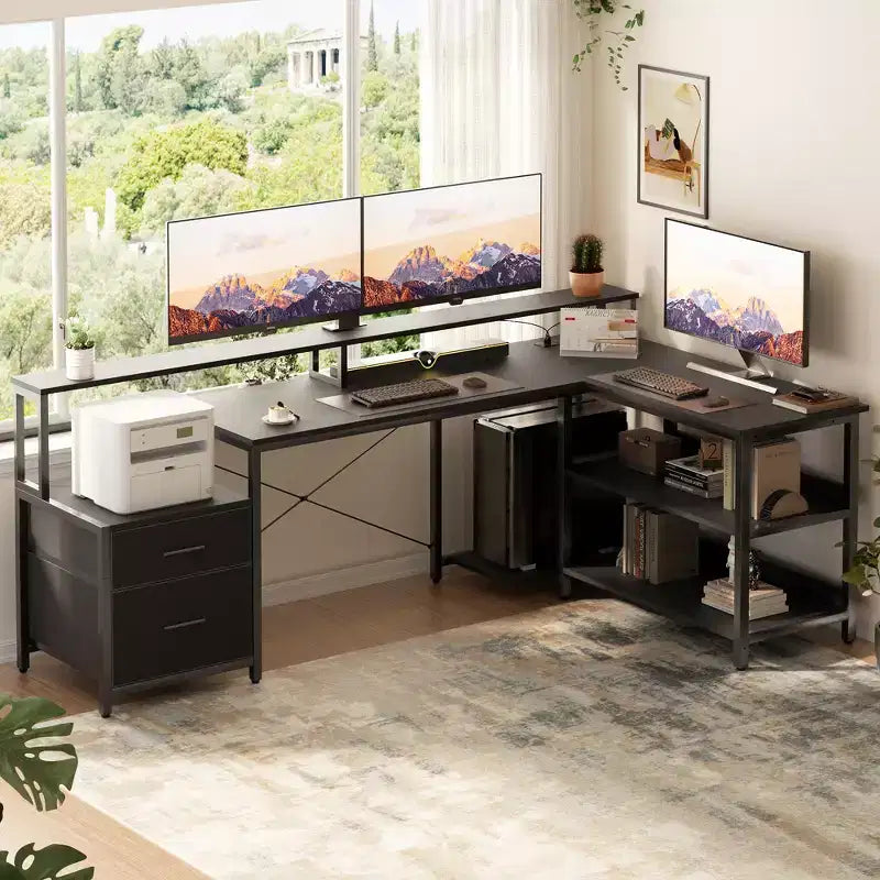 Besiost 66-73 Reversible L-Shaped Desk with Charging Station, Home Office Computer Desk with LED Lights & Drawers