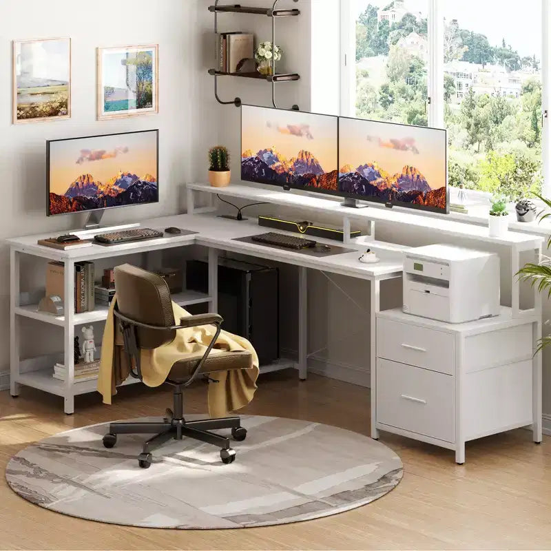 Besiost 66-73 Reversible L-Shaped Desk with Charging Station, Home Office Computer Desk with LED Lights & Drawers
