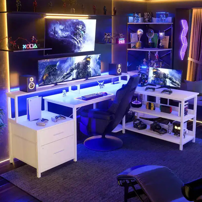 Besiost 66-73 Reversible L-Shaped Desk with Charging Station, Home Office Computer Desk with LED Lights & Drawers