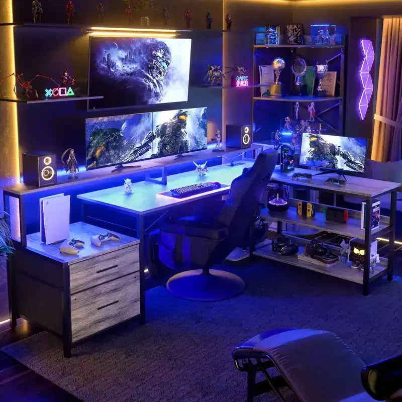 Besiost 66-73 Reversible L-Shaped Desk with Charging Station, Home Office Computer Desk with LED Lights & Drawers