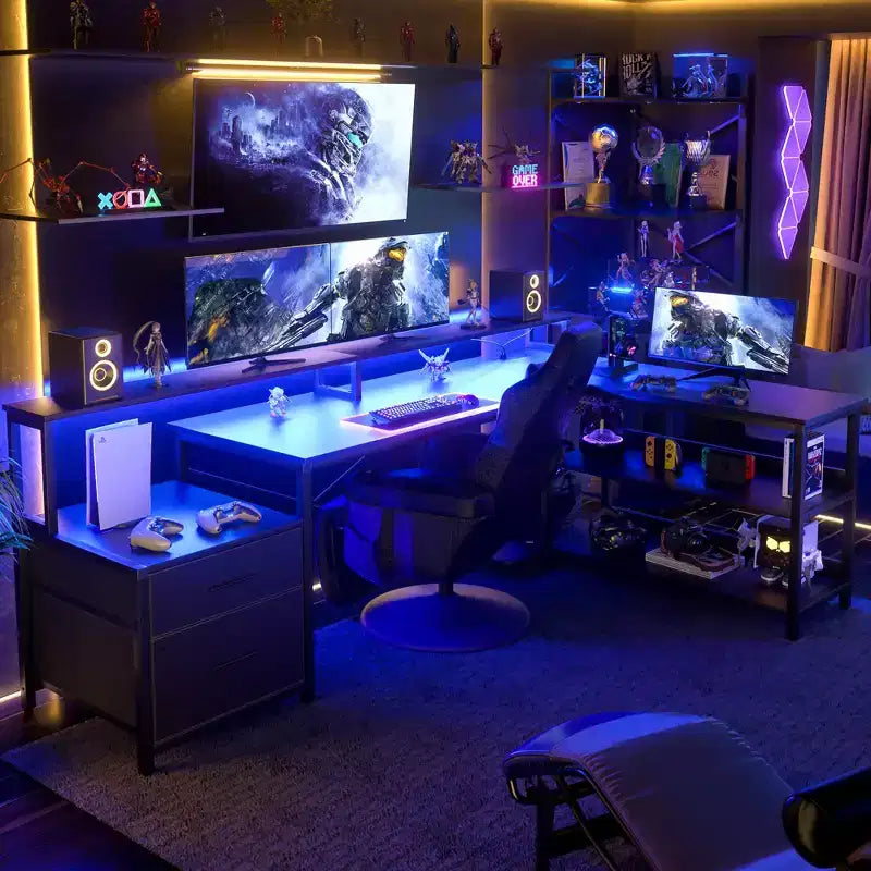 Besiost 66-73 Reversible L-Shaped Desk with Charging Station, Home Office Computer Desk with LED Lights & Drawers