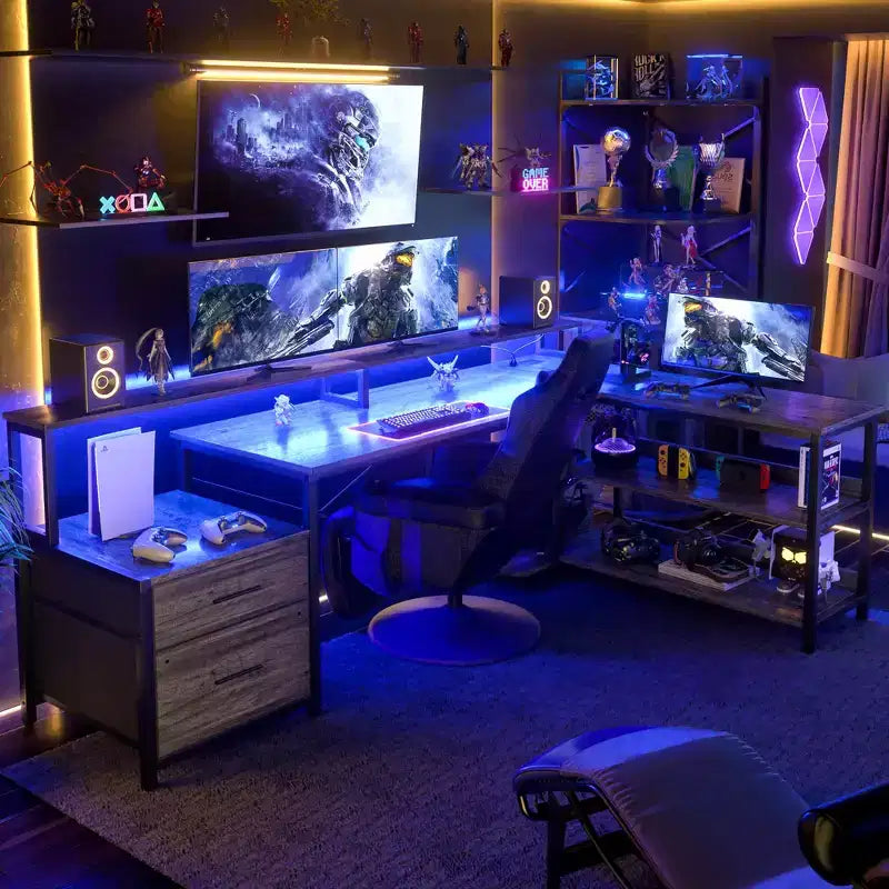 Besiost 66-73 Reversible L-Shaped Desk with Charging Station, Home Office Computer Desk with LED Lights & Drawers