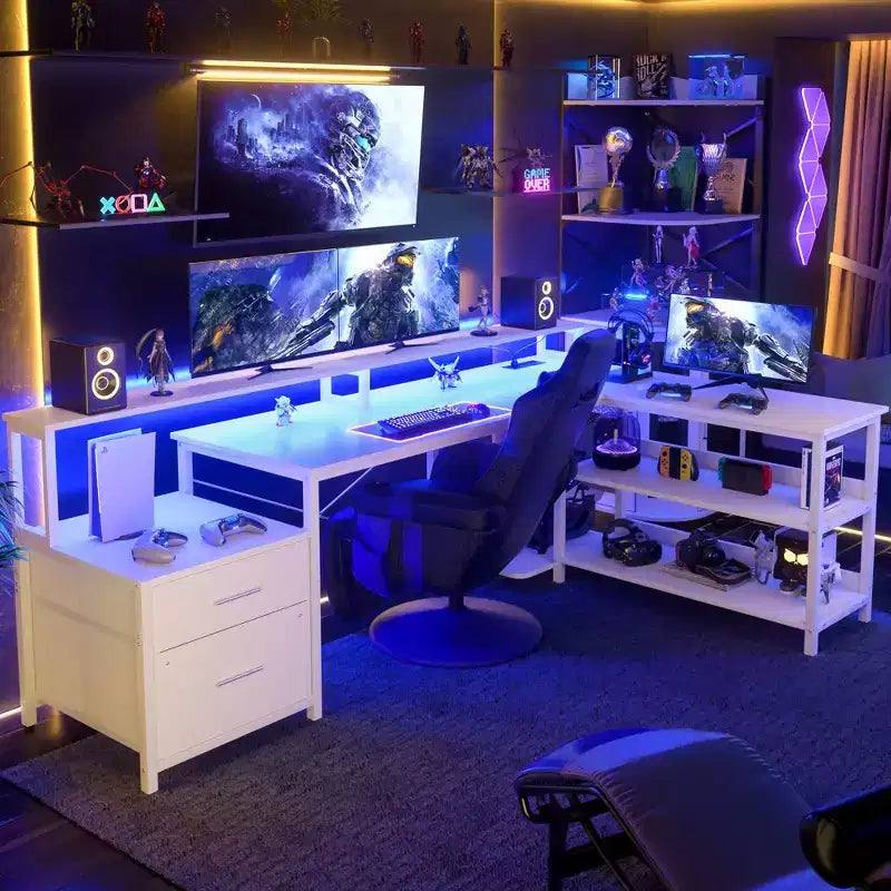 Besiost 66-73 Reversible L-Shaped Desk with Charging Station, Home Office Computer Desk with LED Lights & Drawers