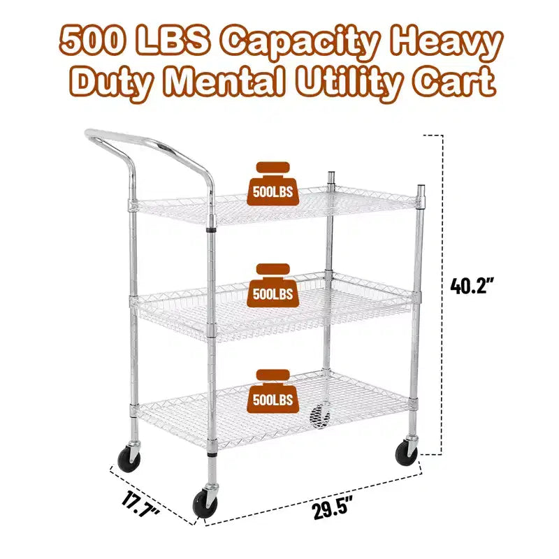 Utility Rolling Cart with Wheels, 1000LBS Capacity, Commercial Grade Kitchen Cart, for Restaurant, Garage, Warehouse, Kitchen