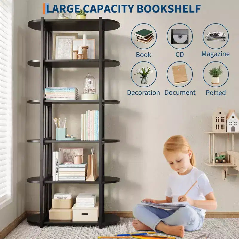 Bookshelf - 71-inch high open bookcase, six-tier freestanding wooden bookshelf with metal frame for bedroom, living room, home office
