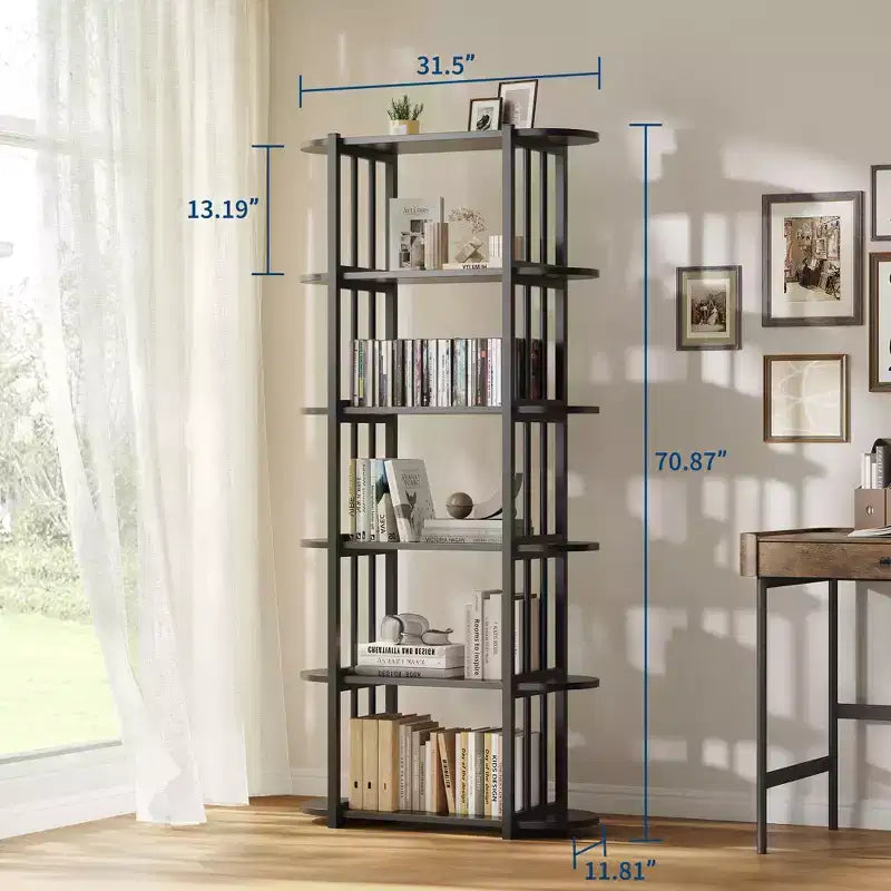 Bookshelf - 71-inch high open bookcase, six-tier freestanding wooden bookshelf with metal frame for bedroom, living room, home office