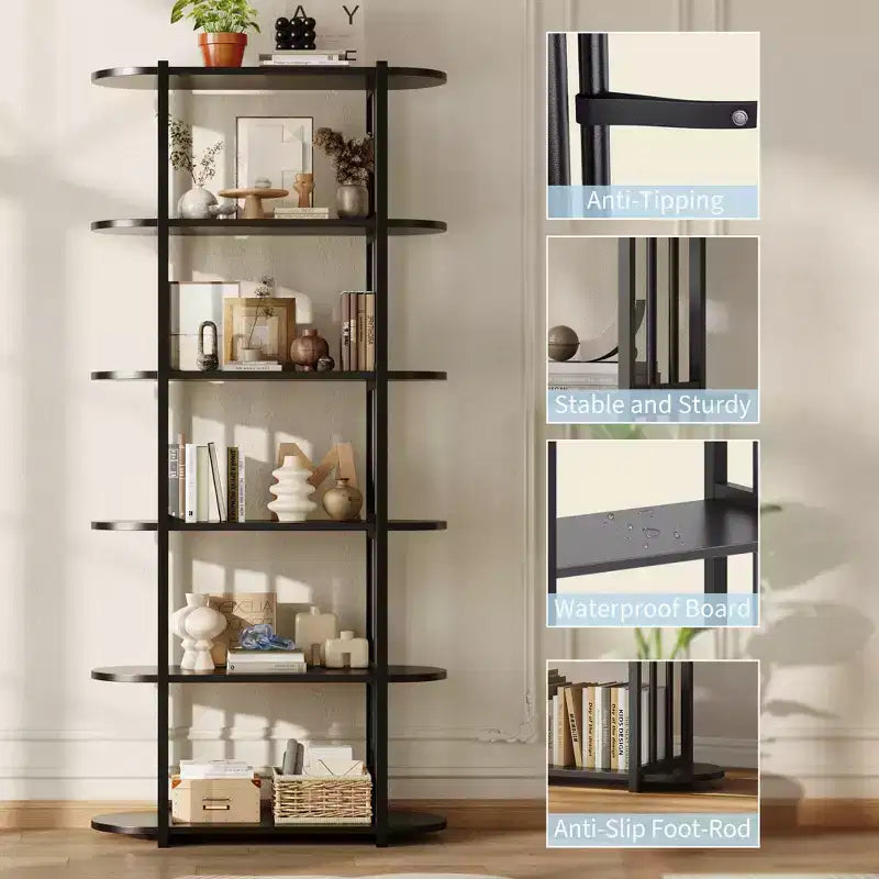 Bookshelf - 71-inch high open bookcase, six-tier freestanding wooden bookshelf with metal frame for bedroom, living room, home office