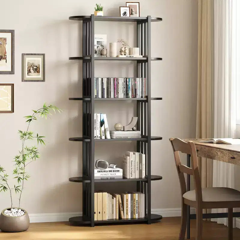 Bookshelf - 71-inch high open bookcase, six-tier freestanding wooden bookshelf with metal frame for bedroom, living room, home office