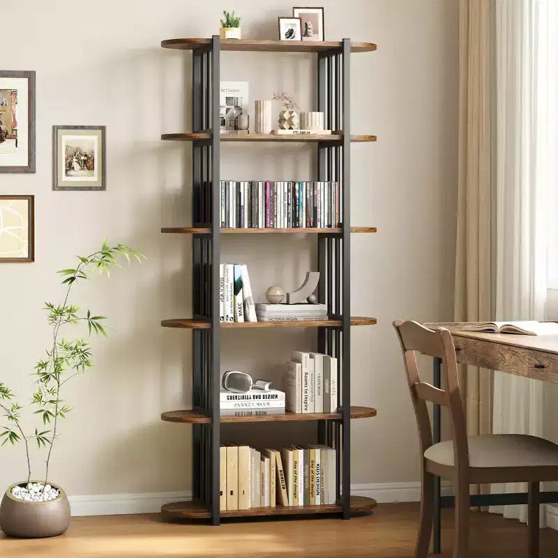 Bookshelf - 71-inch high open bookcase, six-tier freestanding wooden bookshelf with metal frame for bedroom, living room, home office