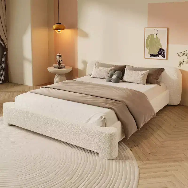Elegant Platform Bed, Boucle Fabric Upholstered Bed Frame with Soft Headboard, Full/Queen/King Size, White - ModernLuxe