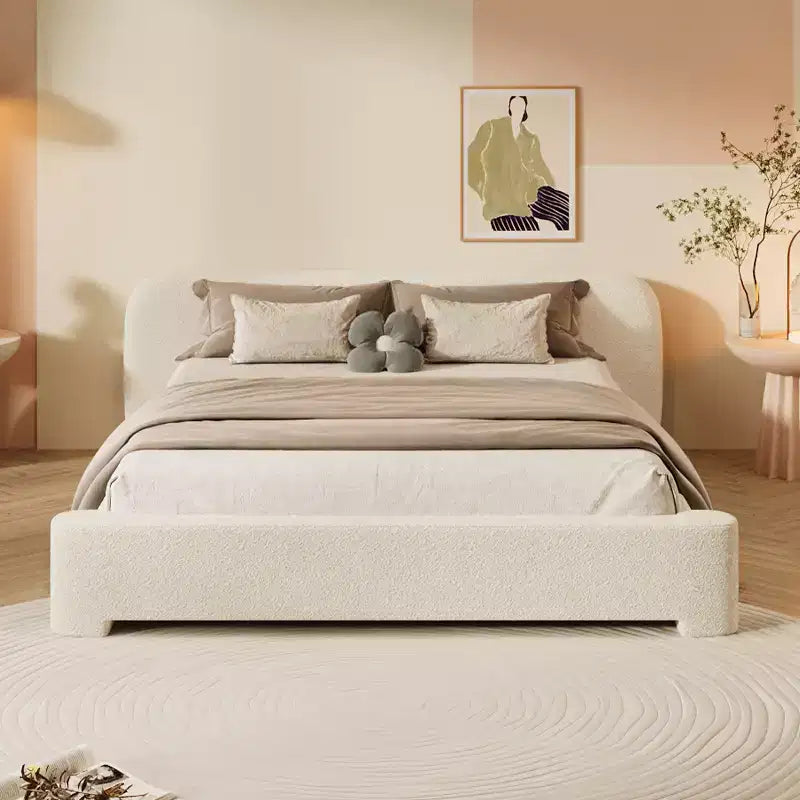 Lit plateforme élégant, cadre de lit rembourré en tissu bouclé avec tête de lit douce, taille double/queen/king, blanc