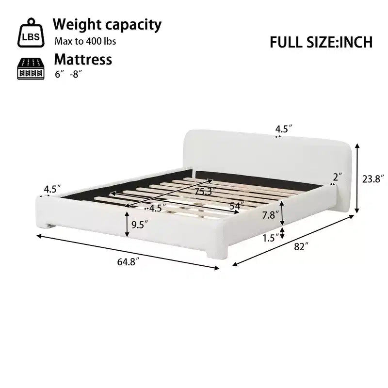 Lit plateforme élégant, cadre de lit rembourré en tissu bouclé avec tête de lit douce, taille double/queen/king, blanc