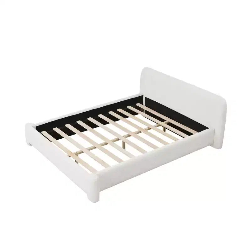 Lit plateforme élégant, cadre de lit rembourré en tissu bouclé avec tête de lit douce, taille double/queen/king, blanc