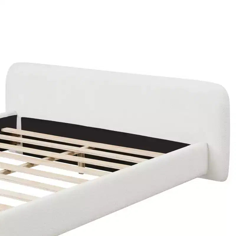 Lit plateforme élégant, cadre de lit rembourré en tissu bouclé avec tête de lit douce, taille double/queen/king, blanc