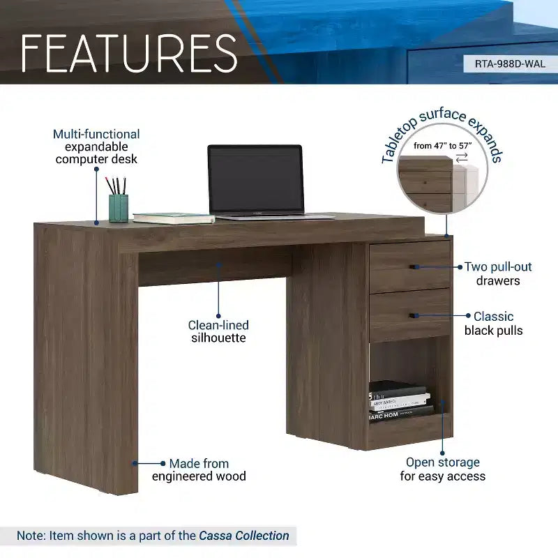 Bureau moderne extensible de 120 cm pour la maison, bureau d'ordinateur avec 2 tiroirs et 1 étagère, bureau d'écriture pour salle de lecture, étude