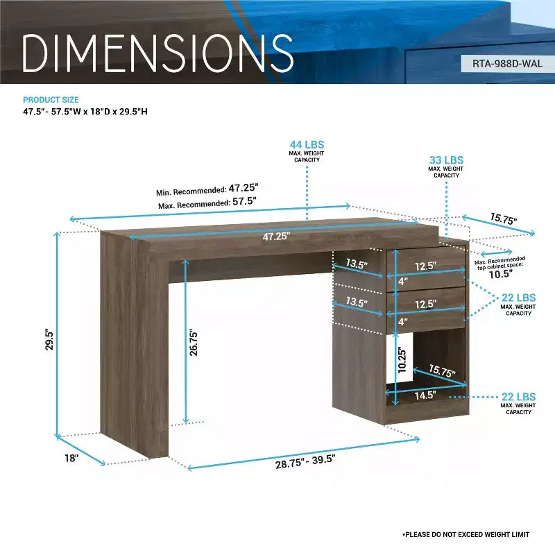 Bureau moderne extensible de 120 cm pour la maison, bureau d'ordinateur avec 2 tiroirs et 1 étagère, bureau d'écriture pour salle de lecture, étude