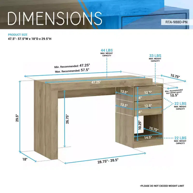 Bureau moderne extensible de 120 cm pour la maison, bureau d'ordinateur avec 2 tiroirs et 1 étagère, bureau d'écriture pour salle de lecture, étude