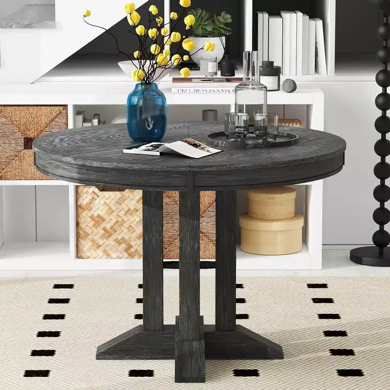 Okak 56IN Farmhouse Extendable Round Dining Table, Round Table with Heavy Pedestal, Folding Table for Kitchen, Dining Room