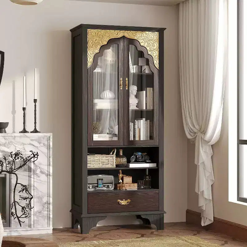 Famapy Vintage Luxury Storage Cabinet Bookcase Pantry: Intricate Carvings,Gold Accents,Glass Doors  Elevate Your Space