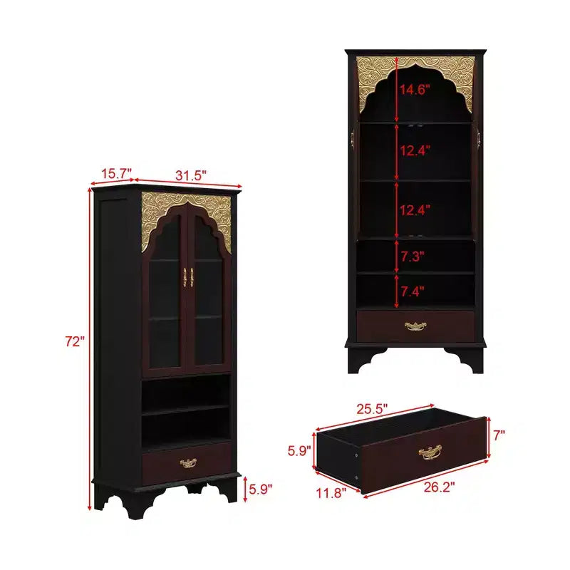 Famapy Vintage Luxury Storage Cabinet Bookcase Pantry: Intricate Carvings,Gold Accents,Glass Doors  Elevate Your Space