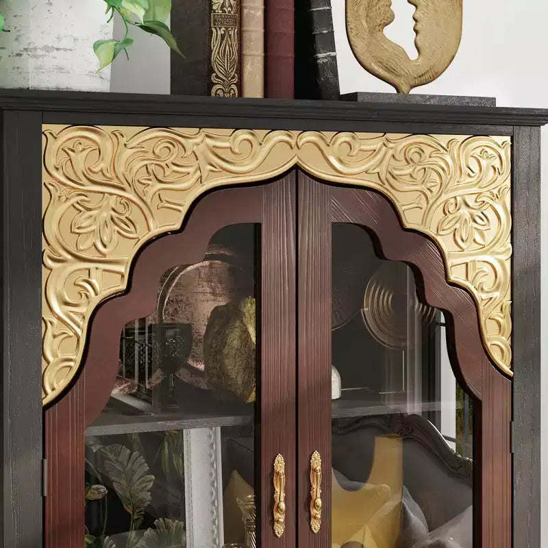 Famapy Vintage Luxury Storage Cabinet Bookcase Pantry: Intricate Carvings,Gold Accents,Glass Doors  Elevate Your Space