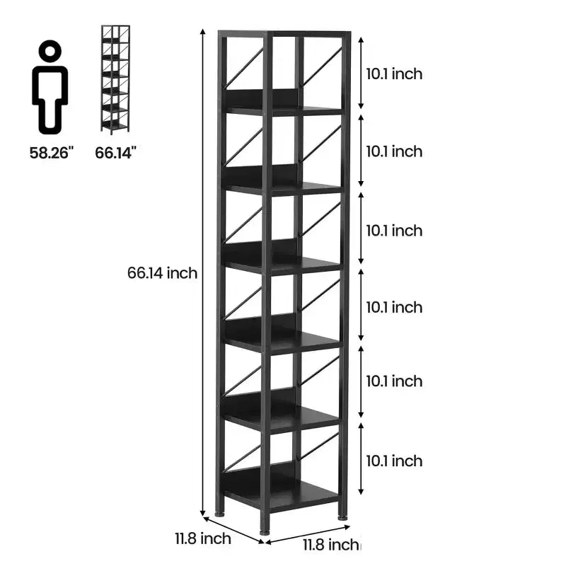 Bookshelf Narrow Bookcase Tall Skinny Storage Rack Shelf 6 Tier Standing Bookshelves Metal Frame Rustic Display Racks Industrial Book Shelf for Bedroo