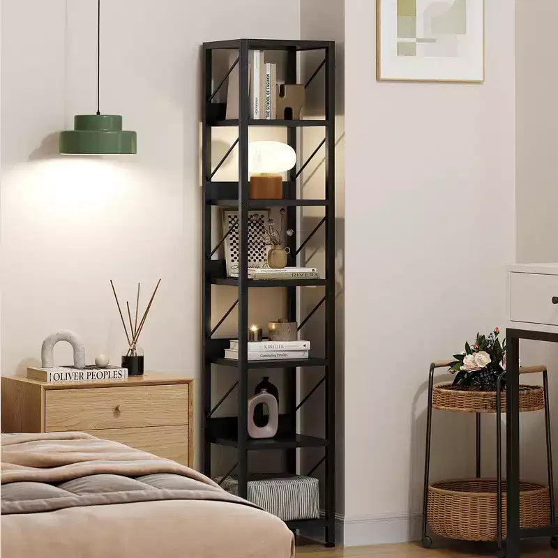 Bookshelf Narrow Bookcase Tall Skinny Storage Rack Shelf 6 Tier Standing Bookshelves Metal Frame Rustic Display Racks Industrial Book Shelf for Bedroo