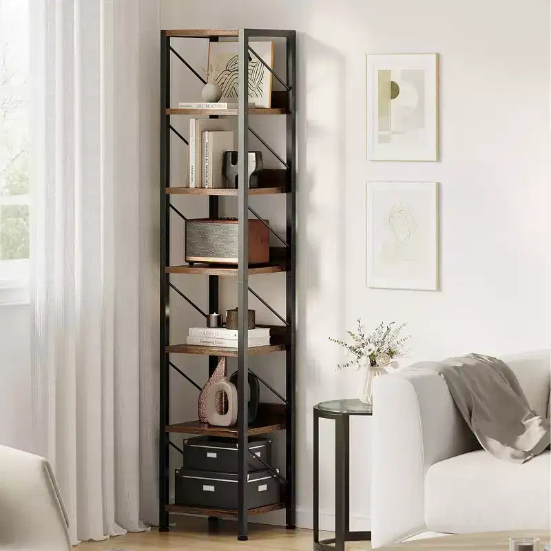 Bookshelf Narrow Bookcase Tall Skinny Storage Rack Shelf 6 Tier Standing Bookshelves Metal Frame Rustic Display Racks Industrial Book Shelf for Bedroo