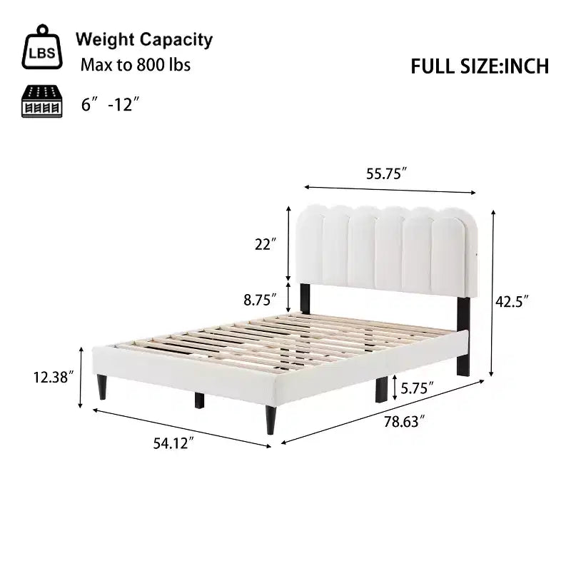 Cream White Petal Headboard Bed Frame with Ambient Light, Full/Queen Size Soft Boucle Upholstered Platform Bed - ModernLuxe