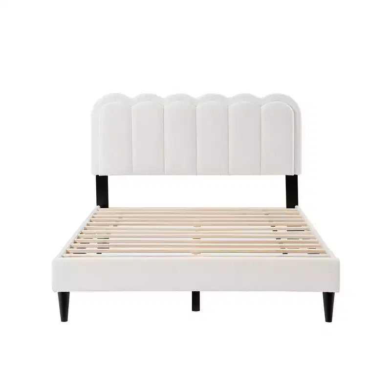 Cream White Petal Headboard Bed Frame with Ambient Light, Full/Queen Size Soft Boucle Upholstered Platform Bed - ModernLuxe