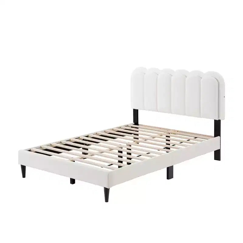 Cream White Petal Headboard Bed Frame with Ambient Light, Full/Queen Size Soft Boucle Upholstered Platform Bed - ModernLuxe