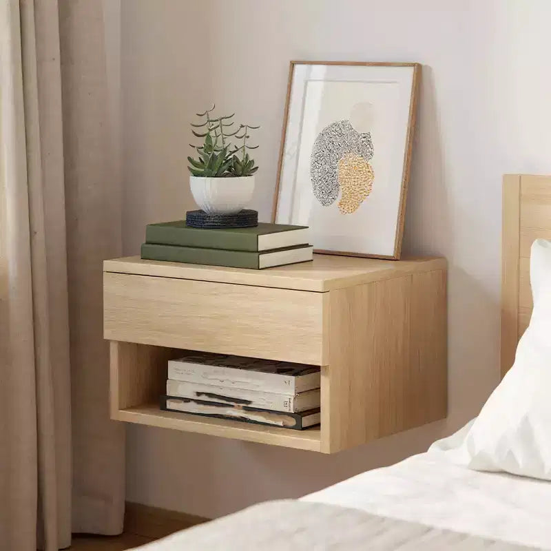 Oak Floating Bedside Table with Drawer, Wall Mount Nightstand, 15.7 Wide Modern Bedside Organizer