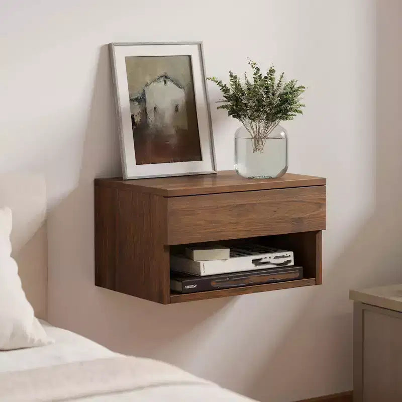 Oak Floating Bedside Table with Drawer, Wall Mount Nightstand, 15.7 Wide Modern Bedside Organizer