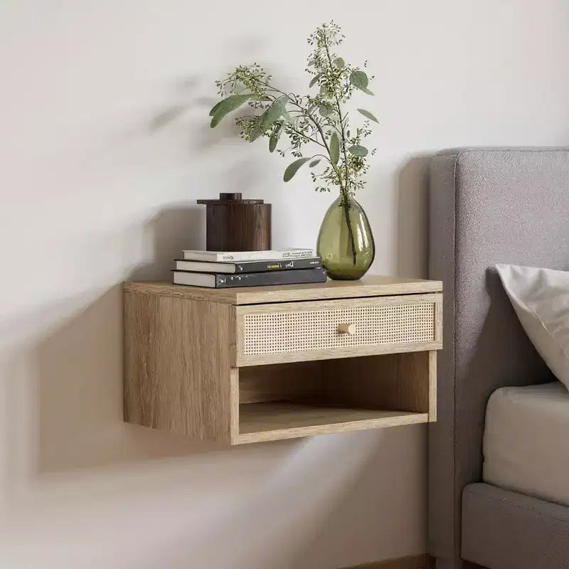 Oak Floating Bedside Table with Drawer, Wall Mount Nightstand, 15.7 Wide Modern Bedside Organizer