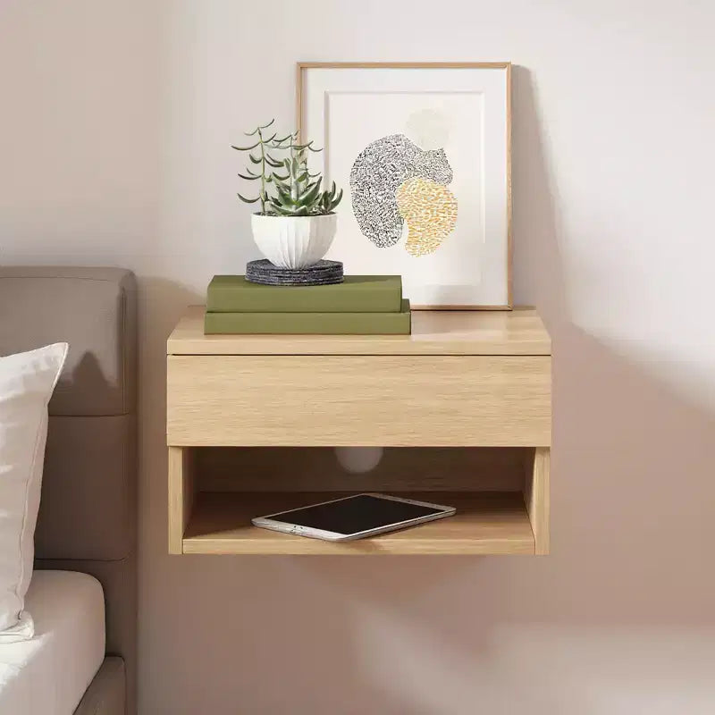 Oak Floating Bedside Table with Drawer, Wall Mount Nightstand, 15.7 Wide Modern Bedside Organizer