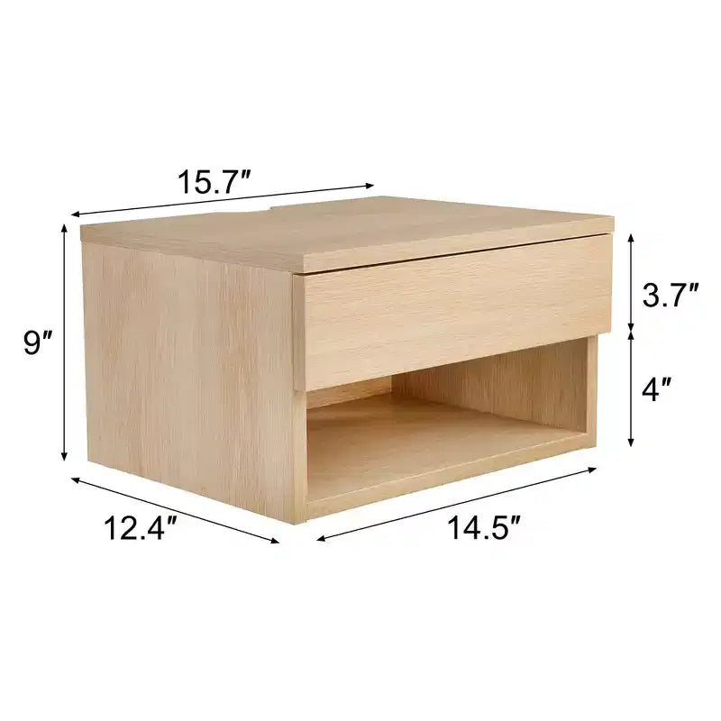 Oak Floating Bedside Table with Drawer, Wall Mount Nightstand, 15.7 Wide Modern Bedside Organizer