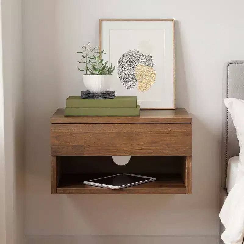 Oak Floating Bedside Table with Drawer, Wall Mount Nightstand, 15.7 Wide Modern Bedside Organizer