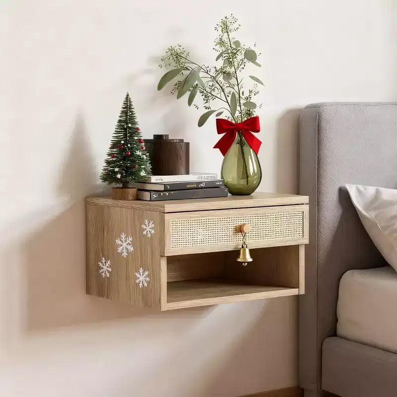 Oak Floating Bedside Table with Drawer, Wall Mount Nightstand, 15.7 Wide Modern Bedside Organizer