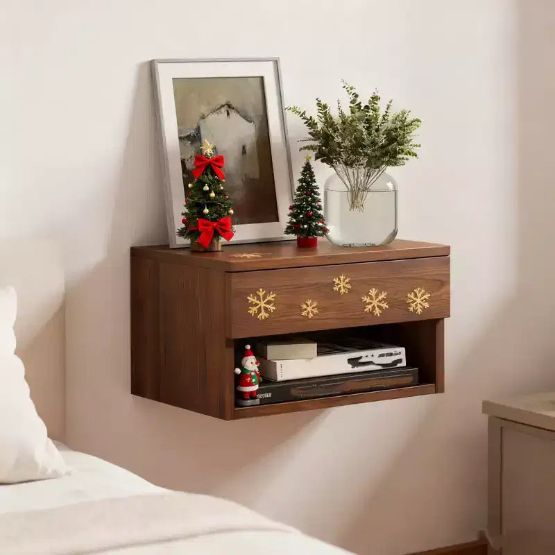 Oak Floating Bedside Table with Drawer, Wall Mount Nightstand, 15.7 Wide Modern Bedside Organizer