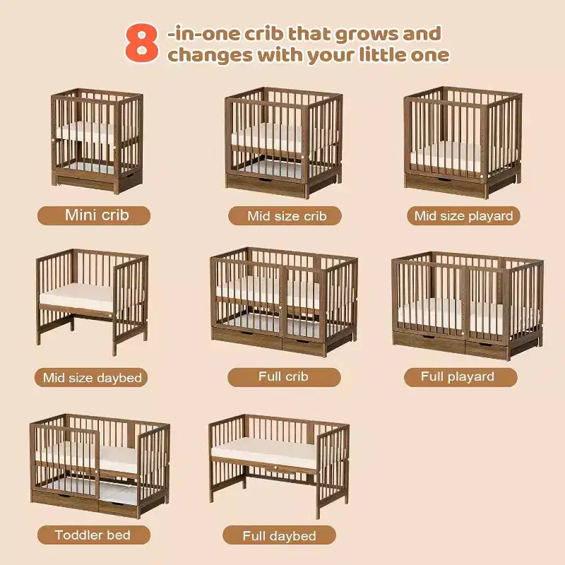 JOYMOR 8 in 1 Convertible Crib with Drawer, Include 2 Mattress, Converts to Bassinet, Mid Crib, Full Size Crib, Daybed,Toddler Bed and Playard