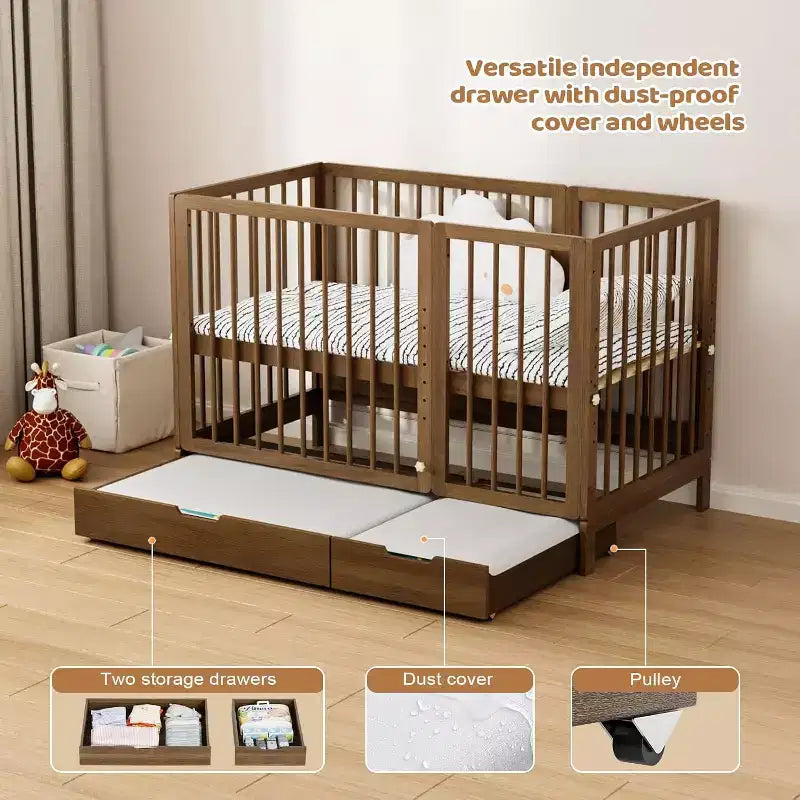 JOYMOR 8 in 1 Convertible Crib with Drawer, Include 2 Mattress, Converts to Bassinet, Mid Crib, Full Size Crib, Daybed,Toddler Bed and Playard