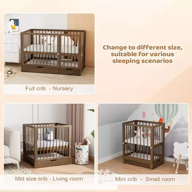 JOYMOR 8 in 1 Convertible Crib with Drawer, Include 2 Mattress, Converts to Bassinet, Mid Crib, Full Size Crib, Daybed,Toddler Bed and Playard