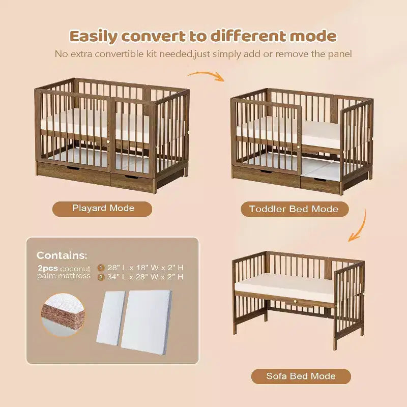 JOYMOR 8 in 1 Convertible Crib with Drawer, Include 2 Mattress, Converts to Bassinet, Mid Crib, Full Size Crib, Daybed,Toddler Bed and Playard