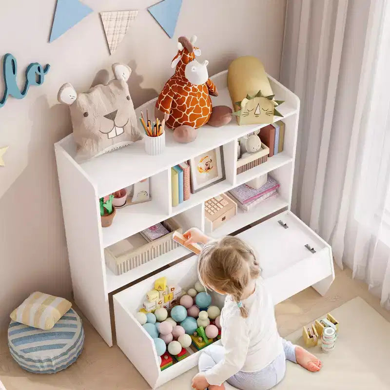 Toy Storage Organizer with 2 Movable Drawers, Toy Organizer with 5 Open Cubbies, Multifunctional Floor Storage Chest for Playroom